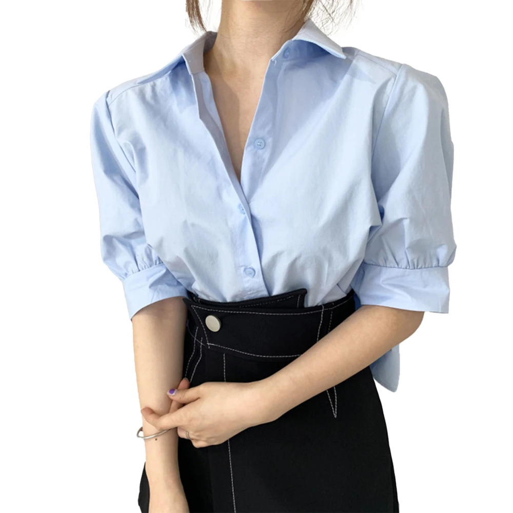 Women Short Sleeve Shirt Turn Down Collar Pleated Back Button Up Stylish Simple Summer Top Blue L