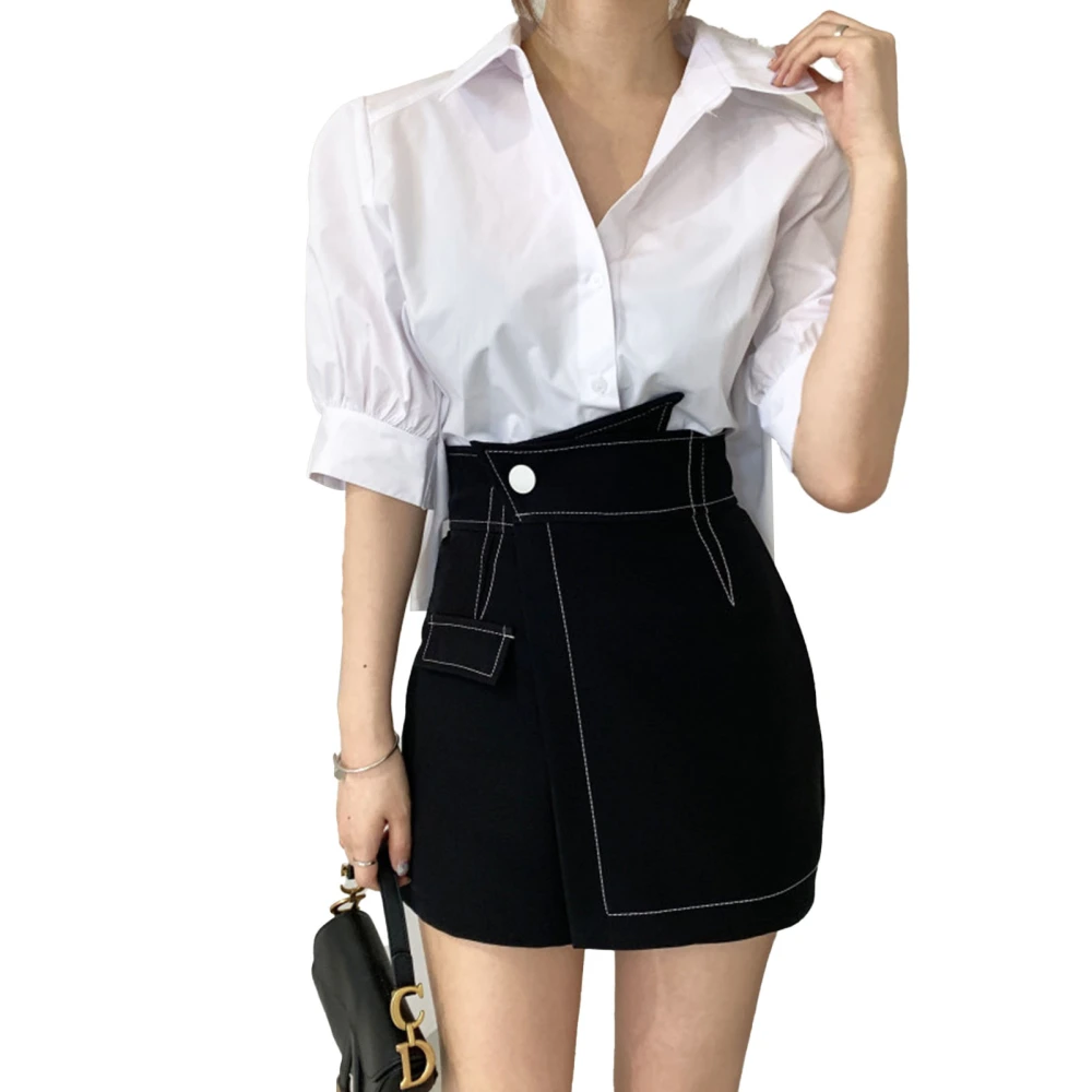 Women Short Sleeve Shirt Turn Down Collar Pleated Back Button Up Stylish Simple Summer Top White M