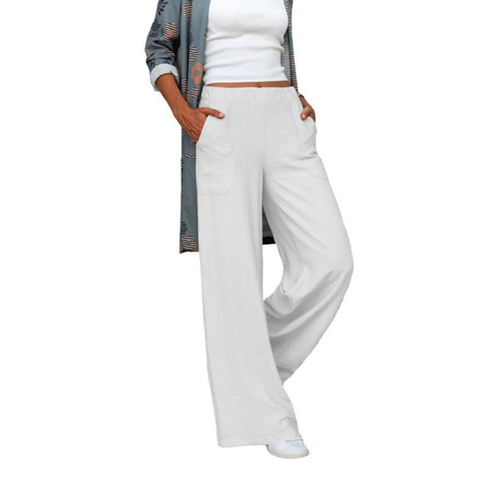 Women Wide Leg Lounge Pants Side Pockets Mid Rise Elastic Waist Loose Fit Comfy Casual Slacks Pants White M