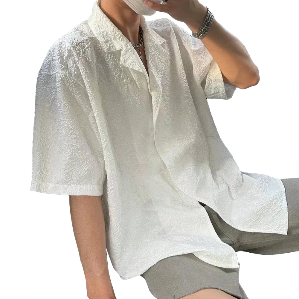 Men Short Sleeve Shirt Relaxed Fit Summer Embossed Pleats Pattern Short Sleeve Casual Shirt White XL