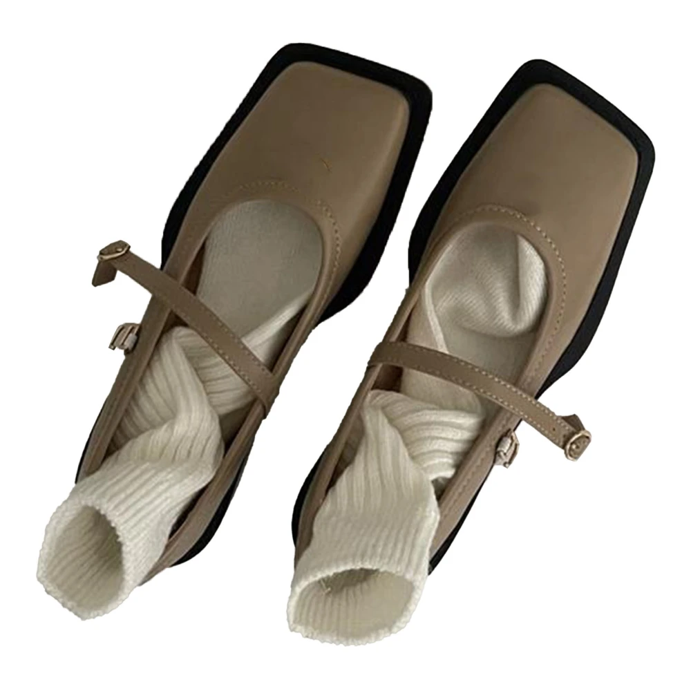 2 Pcs Woman Sweet Shoes Microfiber Leather Closed Square Toe Elegant Ergonomic Ankle Strap Flat Shoes Khaki 38