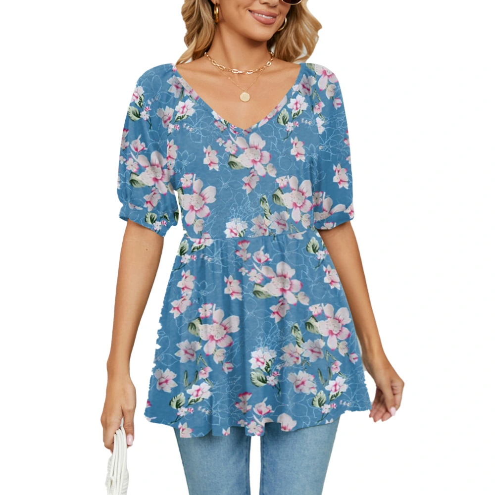 Women V Neck Top Elastic Waist Short Puff Sleeve Top Floral Print Loose Hem Blouse Summer T Shirt Lily L