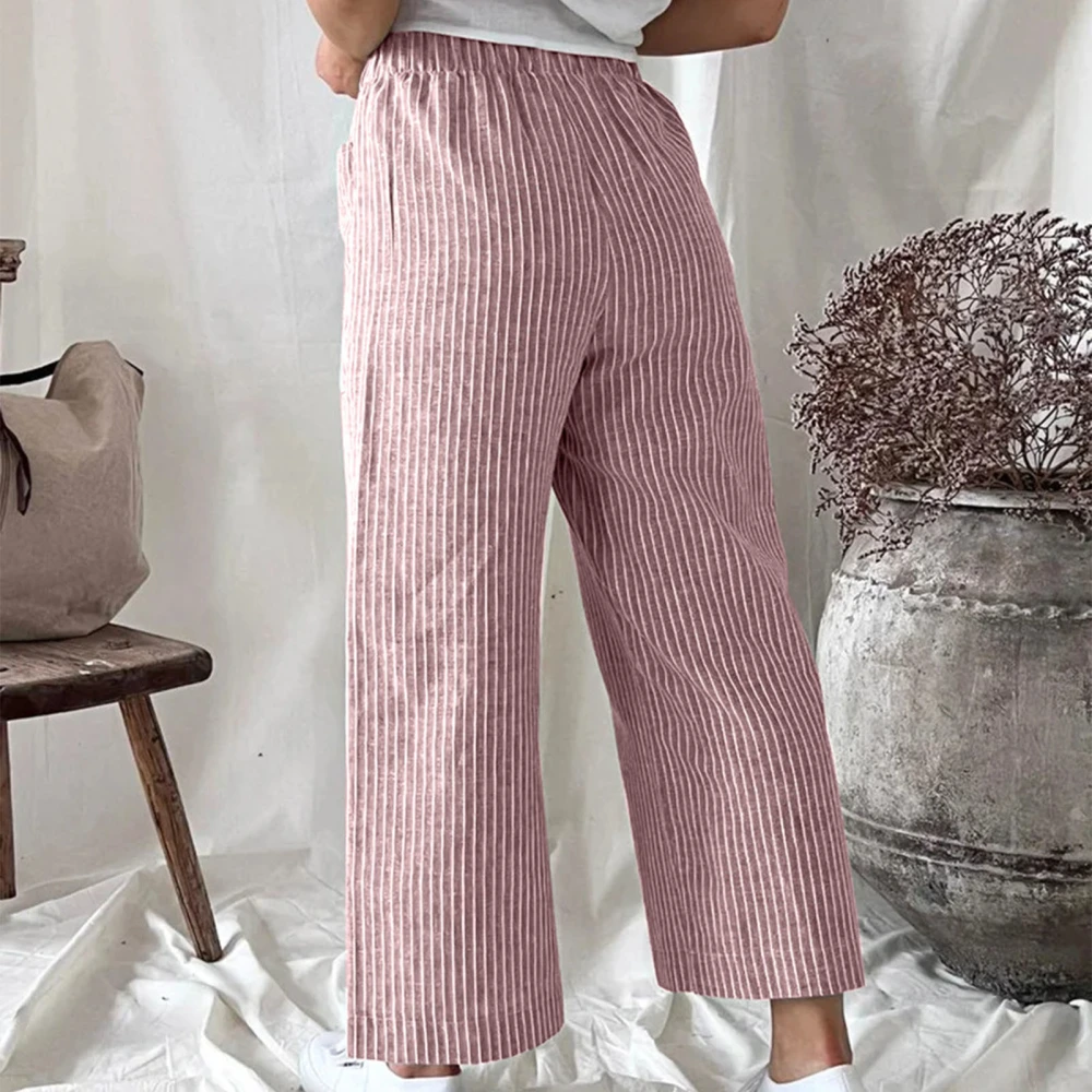 Women Wide Straight Leg Pants Striped Elastic Waist Loose Fit Comfy Casual Slacks Red XXL