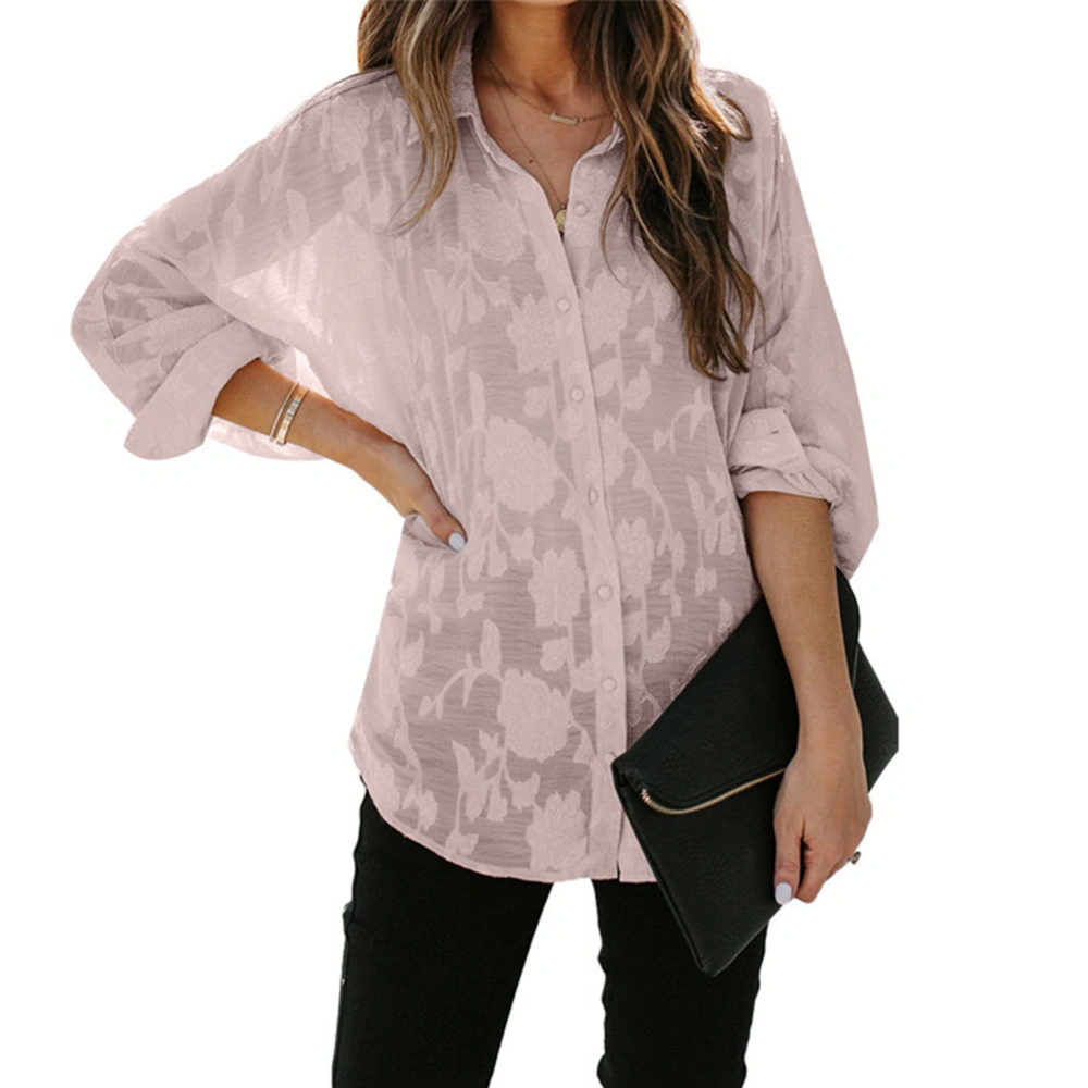 Women Shirt See Through Long Sleeve Turn Down Collar Button Down Pure Color Casual Lady Blouse for Daily Work Pink S