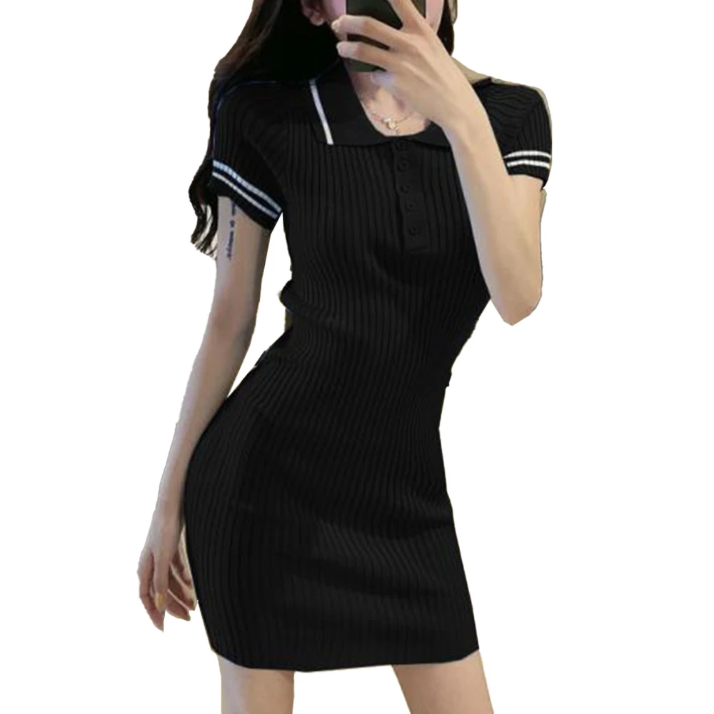 Short Sleeve Dress Knitted Turn Down Collar Button Up Slim Fit Pure Color Women Dress for Summer Black One Size