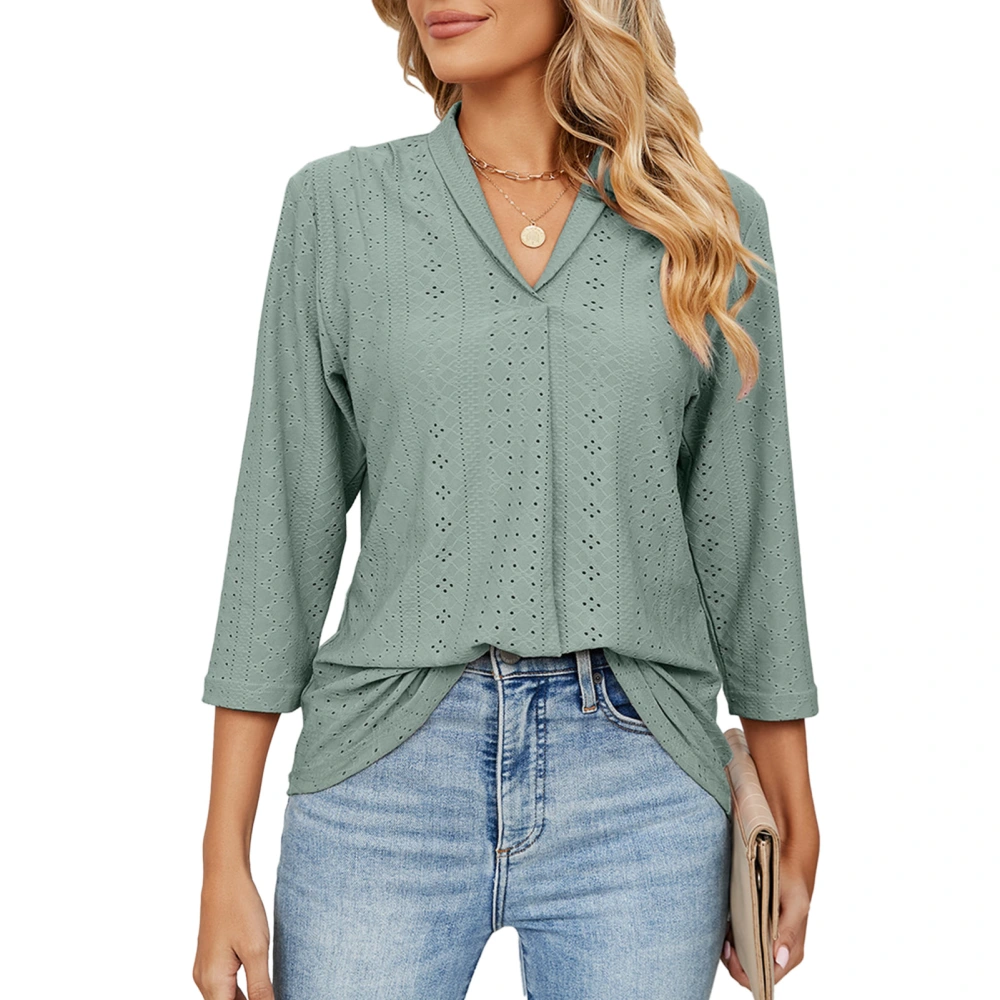 Hollow V Neck Pleated Blouse Plain Color 3/4 Sleeve V Neckline Blouse Shirt for Women Lady Girl Dark Green M