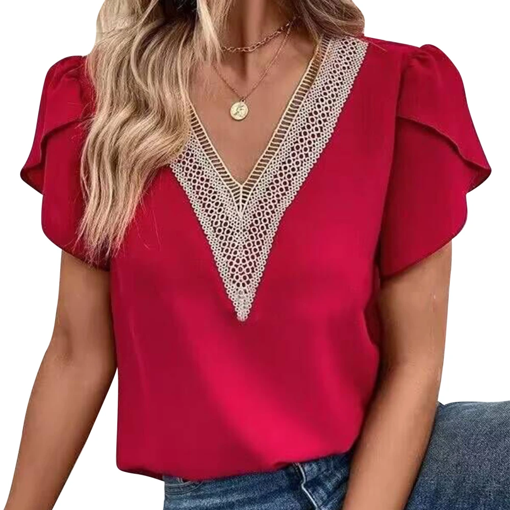 Women Summer Top Casual Loose Lace Deep V Neck Short Petal Sleeve T Shirt for Female Red XL