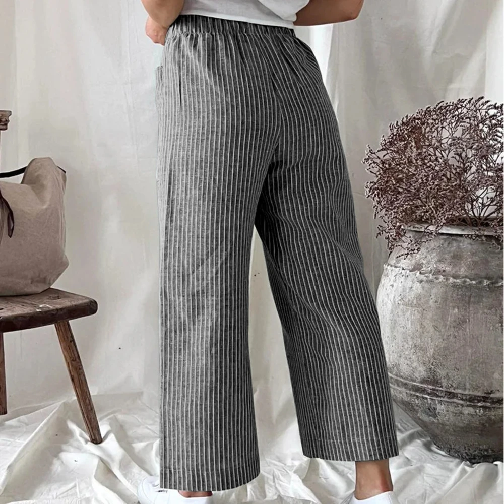 Women Wide Straight Leg Pants Striped Elastic Waist Loose Fit Comfy Casual Slacks Black XL