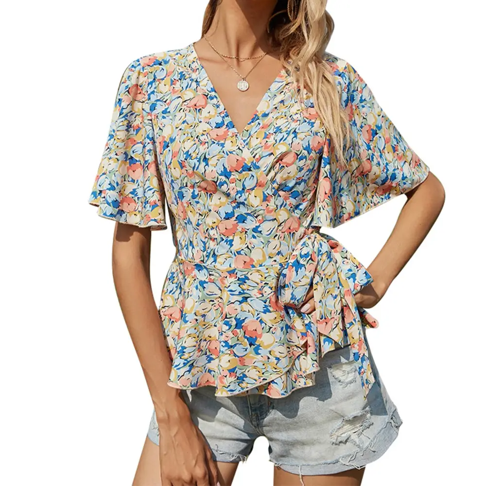 Wrap V Neck Ruffle Hem Top Women Fashionable Short Sleeve Floral Print Belted Shirt Blouse for Party Peacock Blue M