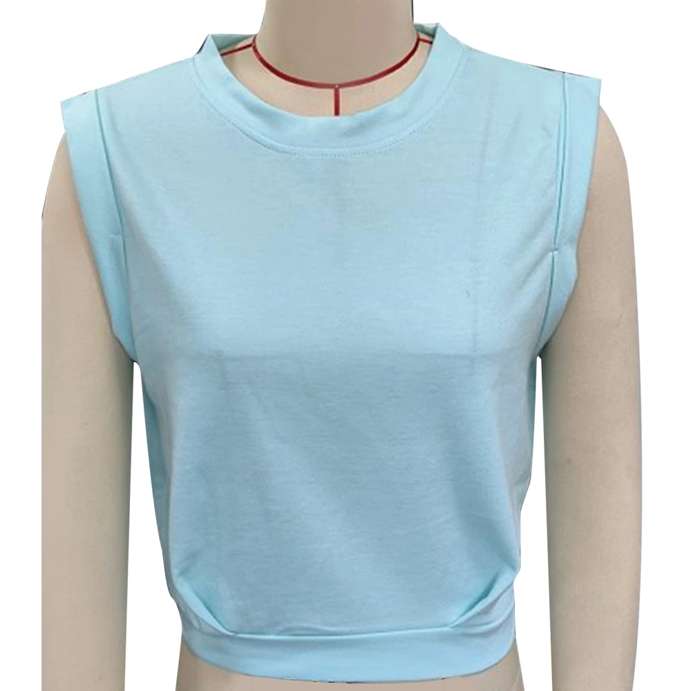 Crewneck Sleeveless Blouse Round Neck Plain Color Elastic Hem Sleeveless Shirt Blouse for Women Lady Sky Blue M