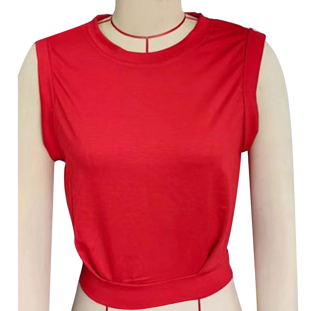 Crewneck Sleeveless Blouse Round Neck Plain Color Elastic Hem Sleeveless Shirt Blouse for Women Lady Red XL