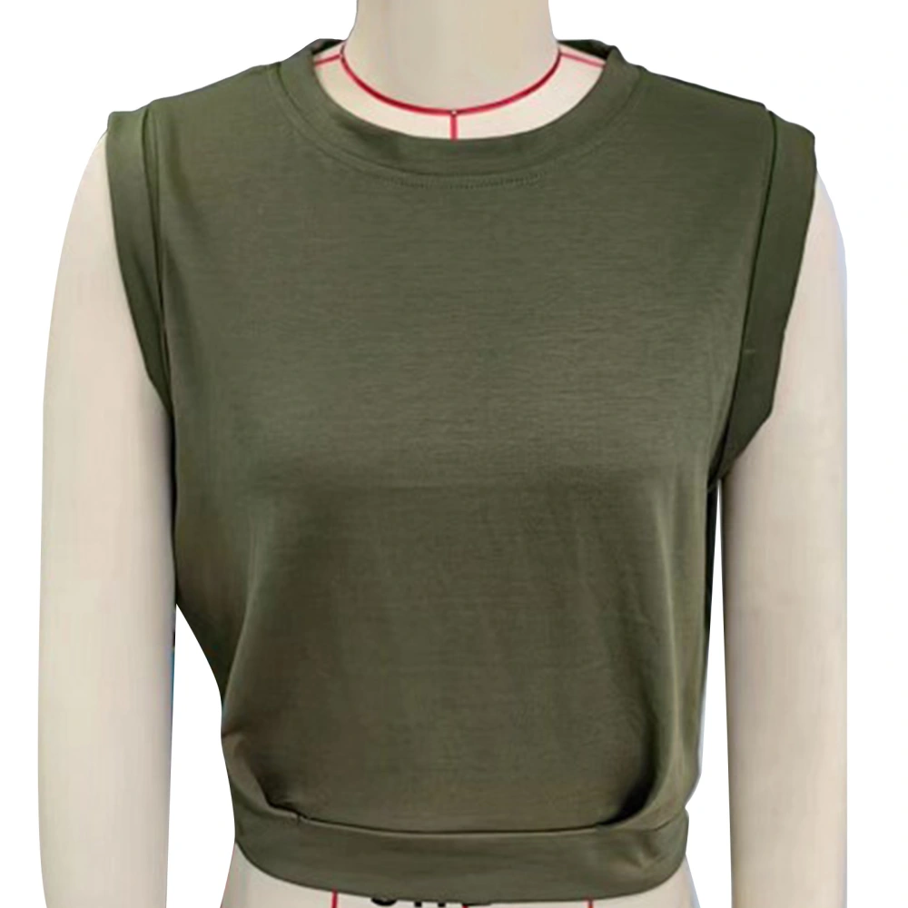 Crewneck Sleeveless Blouse Round Neck Plain Color Elastic Hem Sleeveless Shirt Blouse for Women Lady OD Green L