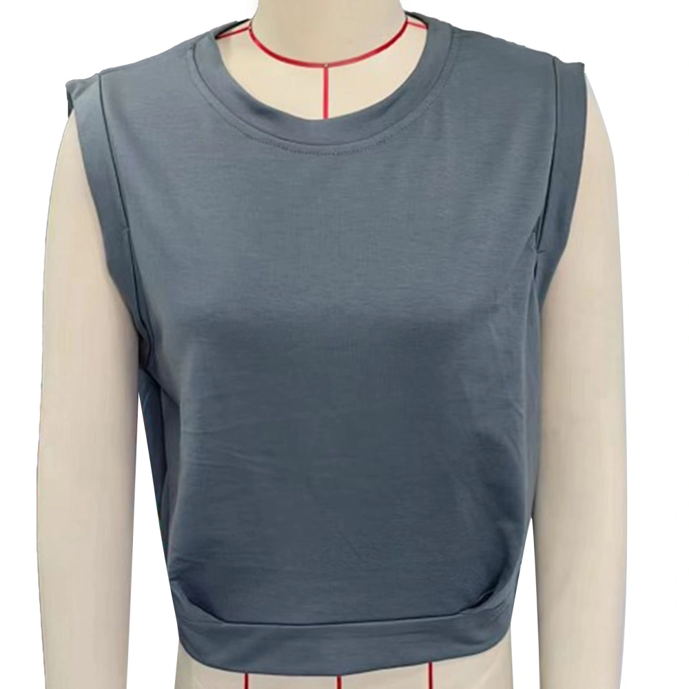 Crewneck Sleeveless Blouse Round Neck Plain Color Elastic Hem Sleeveless Shirt Blouse for Women Lady Grey S