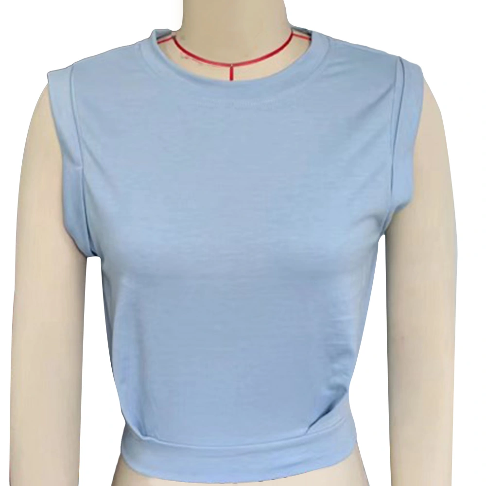 Crewneck Sleeveless Blouse Round Neck Plain Color Elastic Hem Sleeveless Shirt Blouse for Women Lady Light Blue L