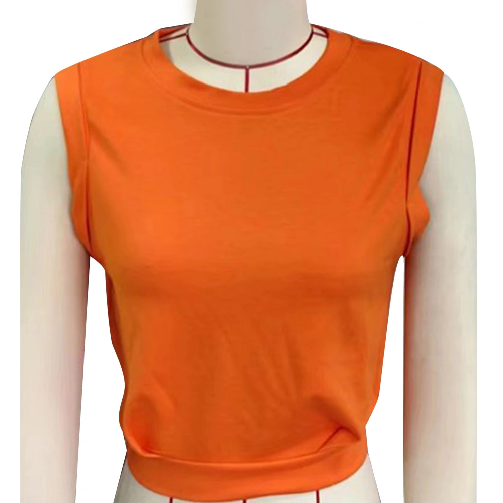 Crewneck Sleeveless Blouse Round Neck Plain Color Elastic Hem Sleeveless Shirt Blouse for Women Lady Orange XS