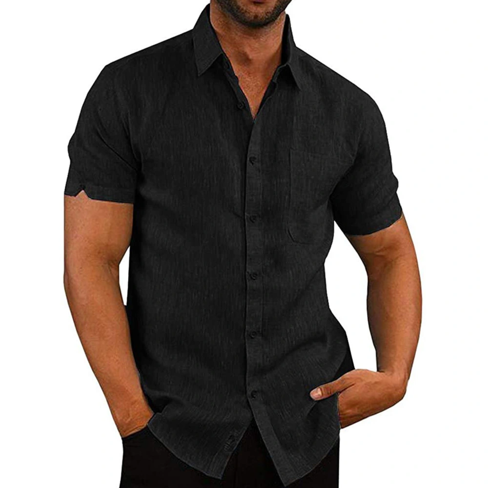 Men Short Sleeve Tee Shirt Turn Down Collar Front Pocket Plain Color Men Button Front Tee Shirt for Gentleman Black M