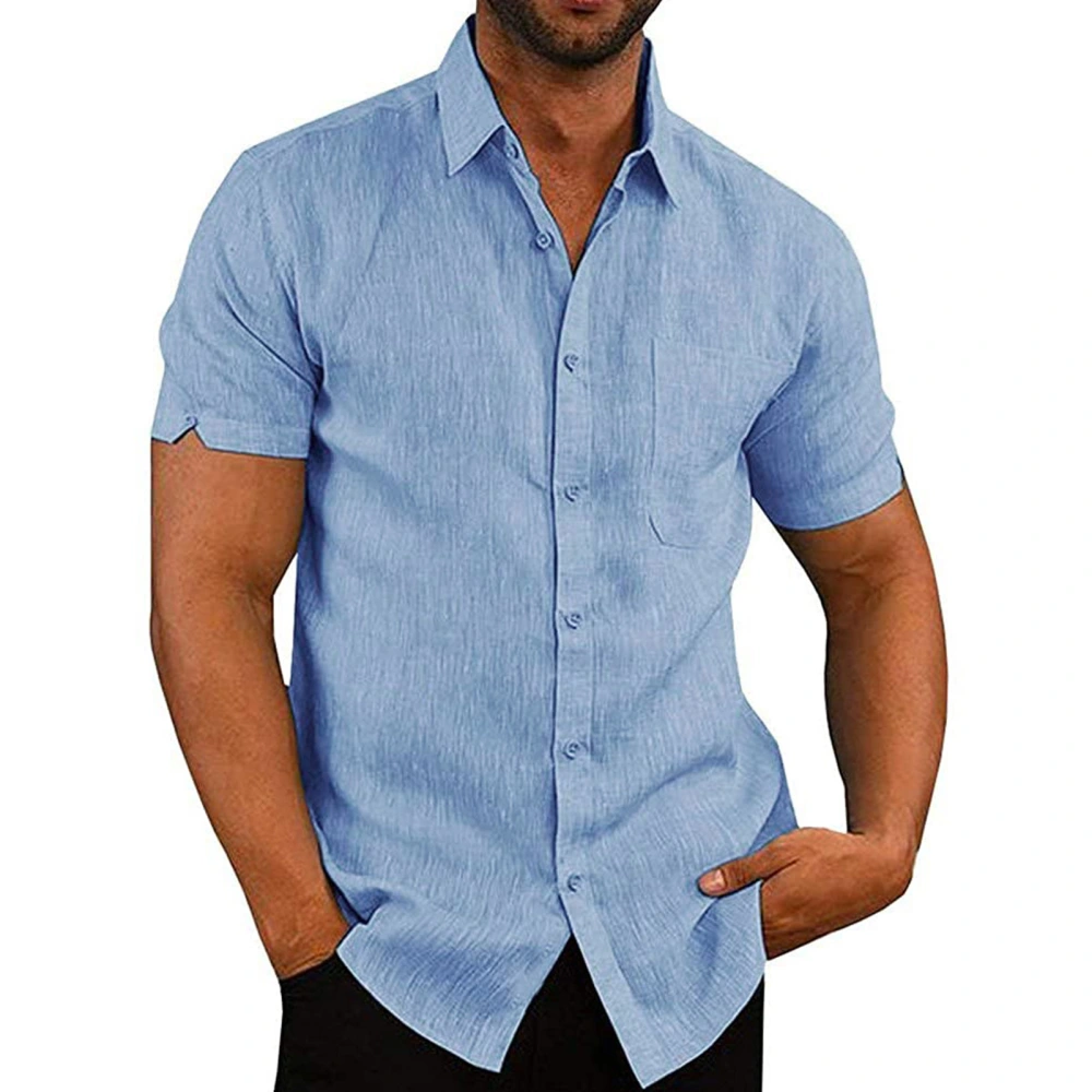 Men Short Sleeve Tee Shirt Turn Down Collar Front Pocket Plain Color Men Button Front Tee Shirt for Gentleman Blue 3XL