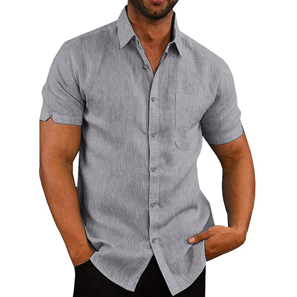 Men Short Sleeve Tee Shirt Turn Down Collar Front Pocket Plain Color Men Button Front Tee Shirt for Gentleman Grey 3XL