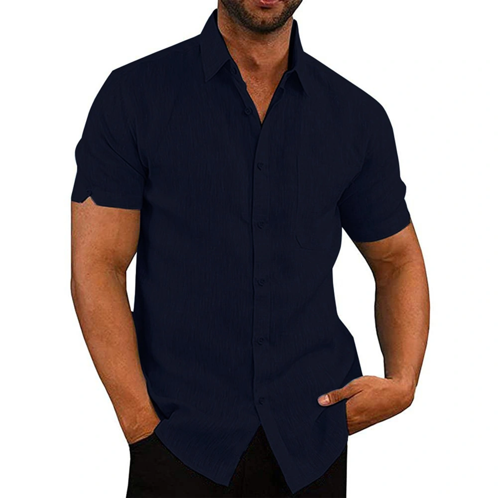 Men Short Sleeve Tee Shirt Turn Down Collar Front Pocket Plain Color Men Button Front Tee Shirt for Gentleman Purplish Blue M