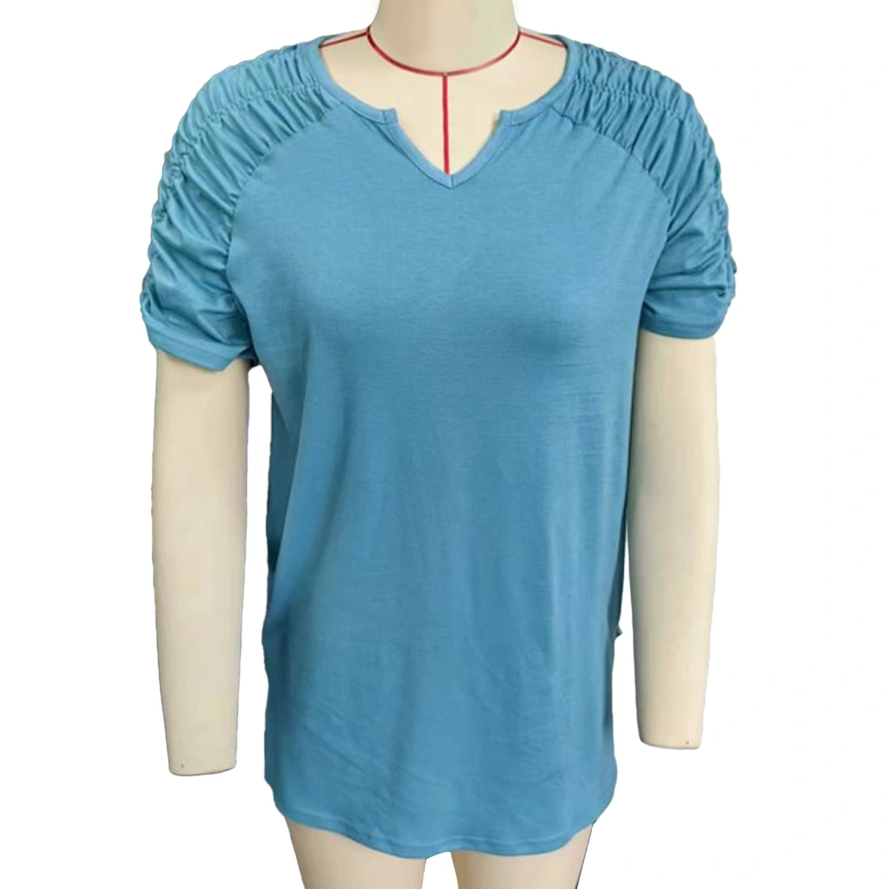 Women V Neck T Shirt Casual Short Sleeve Pleated Ruched Pure Color Summer Pullover Top Lake Green S