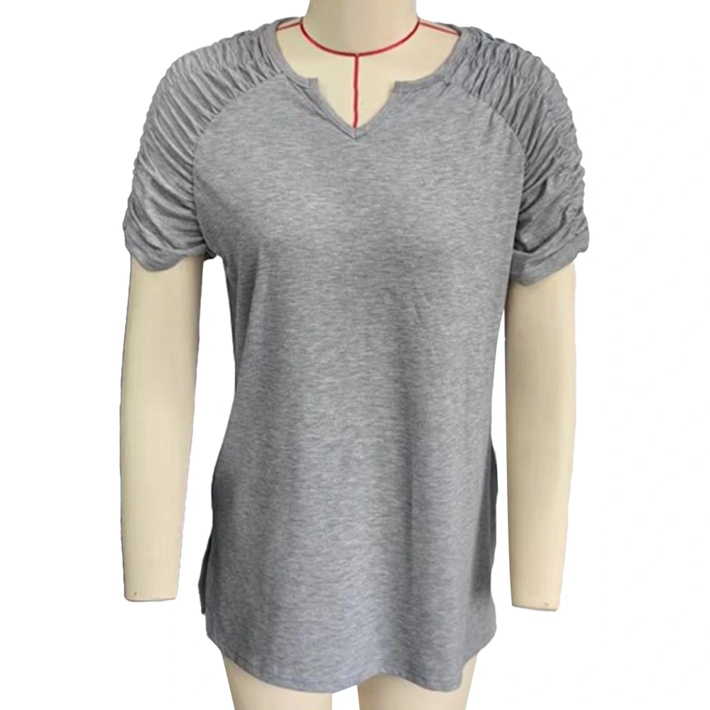 Women V Neck T Shirt Casual Short Sleeve Pleated Ruched Pure Color Summer Pullover Top Light Gray XL