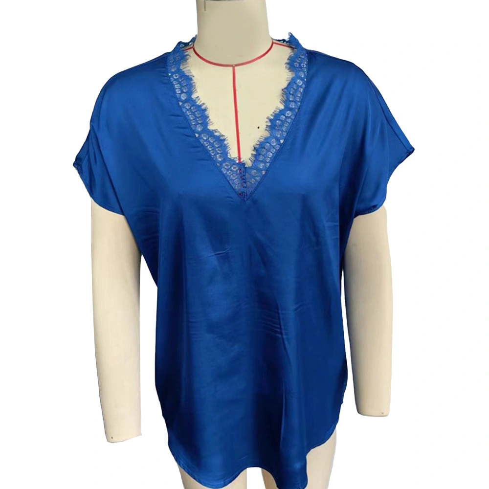 Women Lace Trim V Neck T Shirt Short Sleeve Casual Loose Fit Pure Color Summer Pullover Top Blue M