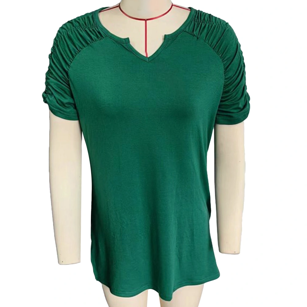 Women V Neck T Shirt Casual Short Sleeve Pleated Ruched Pure Color Summer Pullover Top Green S