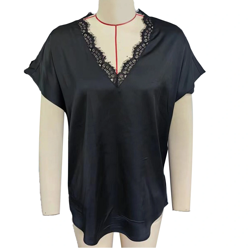 Women Lace Trim V Neck T Shirt Short Sleeve Casual Loose Fit Pure Color Summer Pullover Top Black S