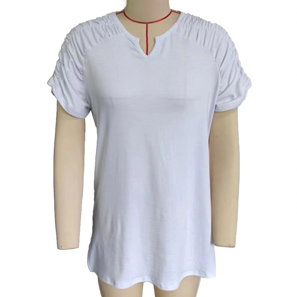 Women V Neck T Shirt Casual Short Sleeve Pleated Ruched Pure Color Summer Pullover Top White S