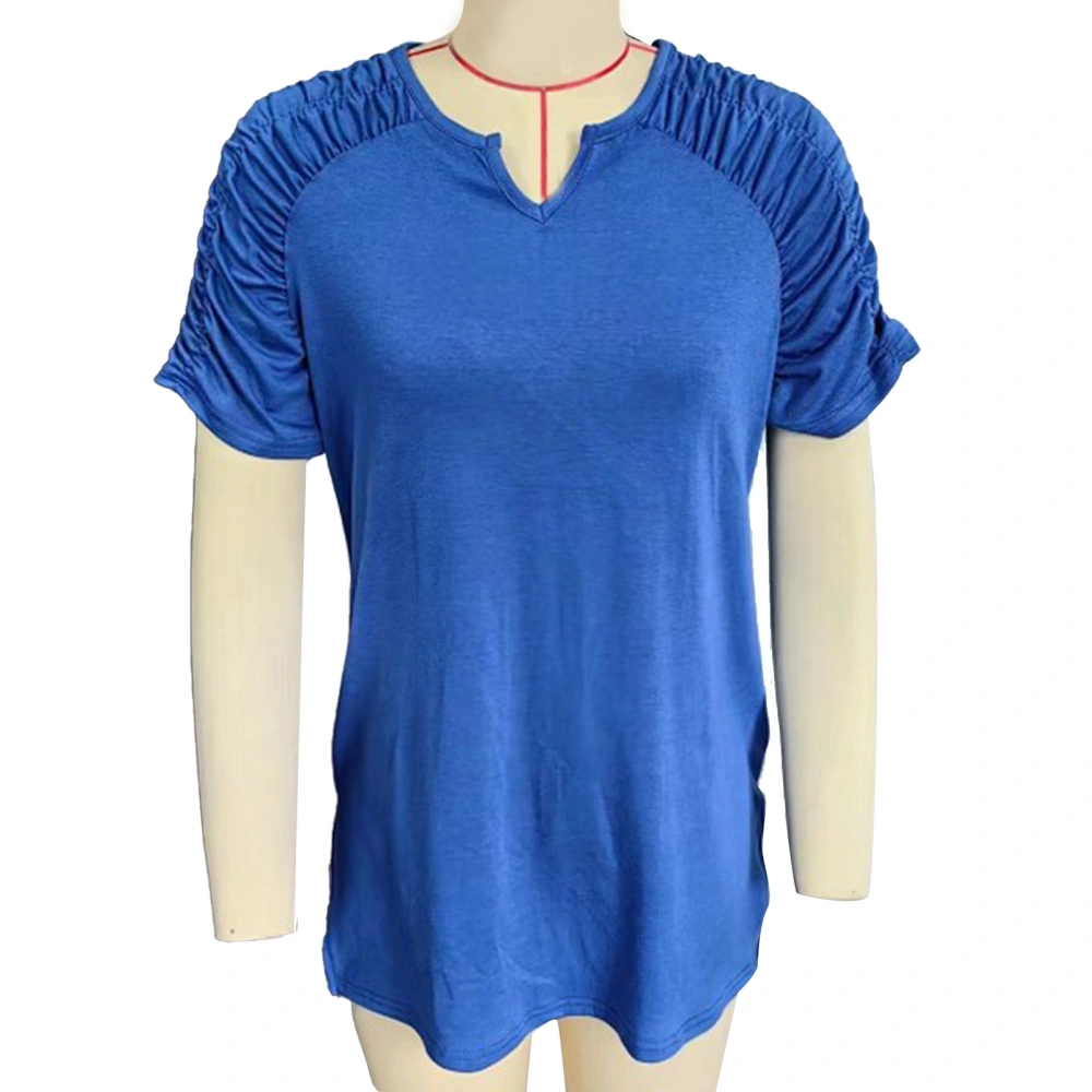 Women V Neck T Shirt Casual Short Sleeve Pleated Ruched Pure Color Summer Pullover Top Royalblue XL