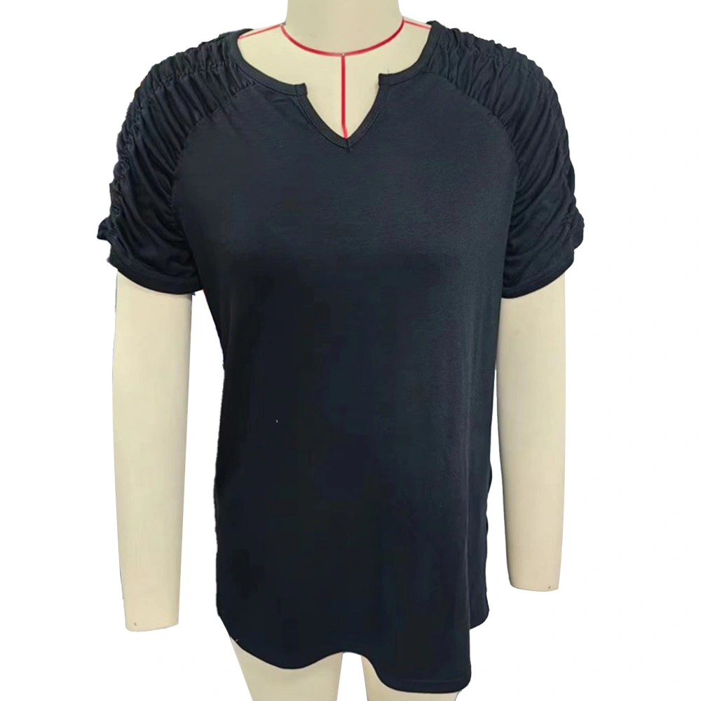 Women V Neck T Shirt Casual Short Sleeve Pleated Ruched Pure Color Summer Pullover Top Black XXL