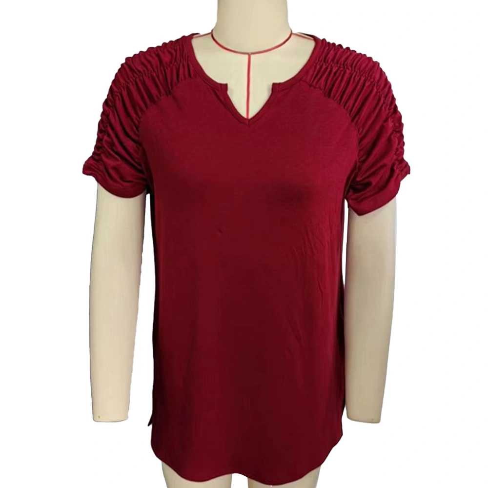 Women V Neck T Shirt Casual Short Sleeve Pleated Ruched Pure Color Summer Pullover Top Wine Red S