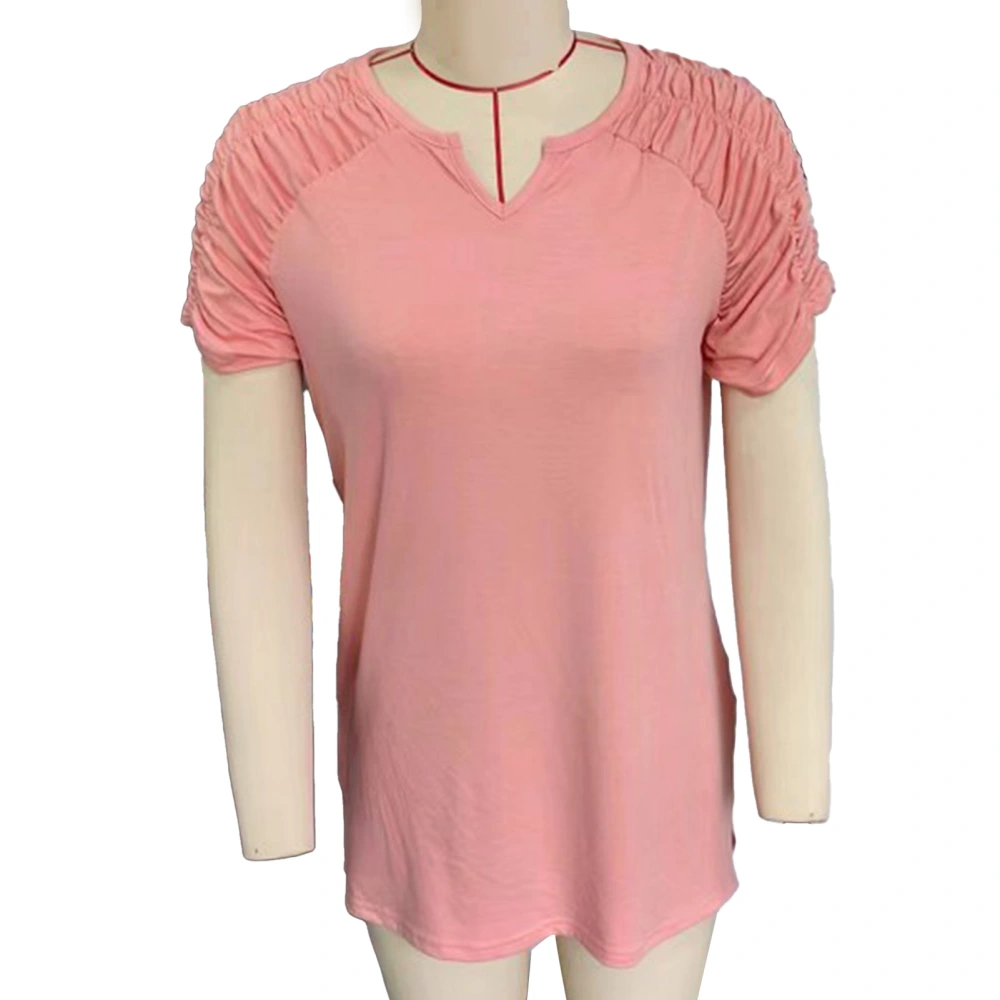 Women V Neck T Shirt Casual Short Sleeve Pleated Ruched Pure Color Summer Pullover Top Light Pink S