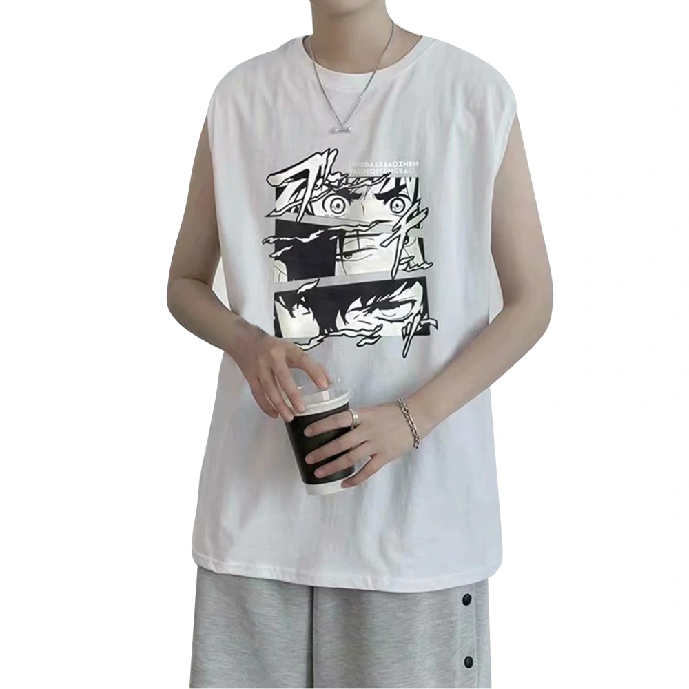 Men Tank Top Pretty Print Sleeveless Loose Fit Vest Cut Shirt for Home Training White XL