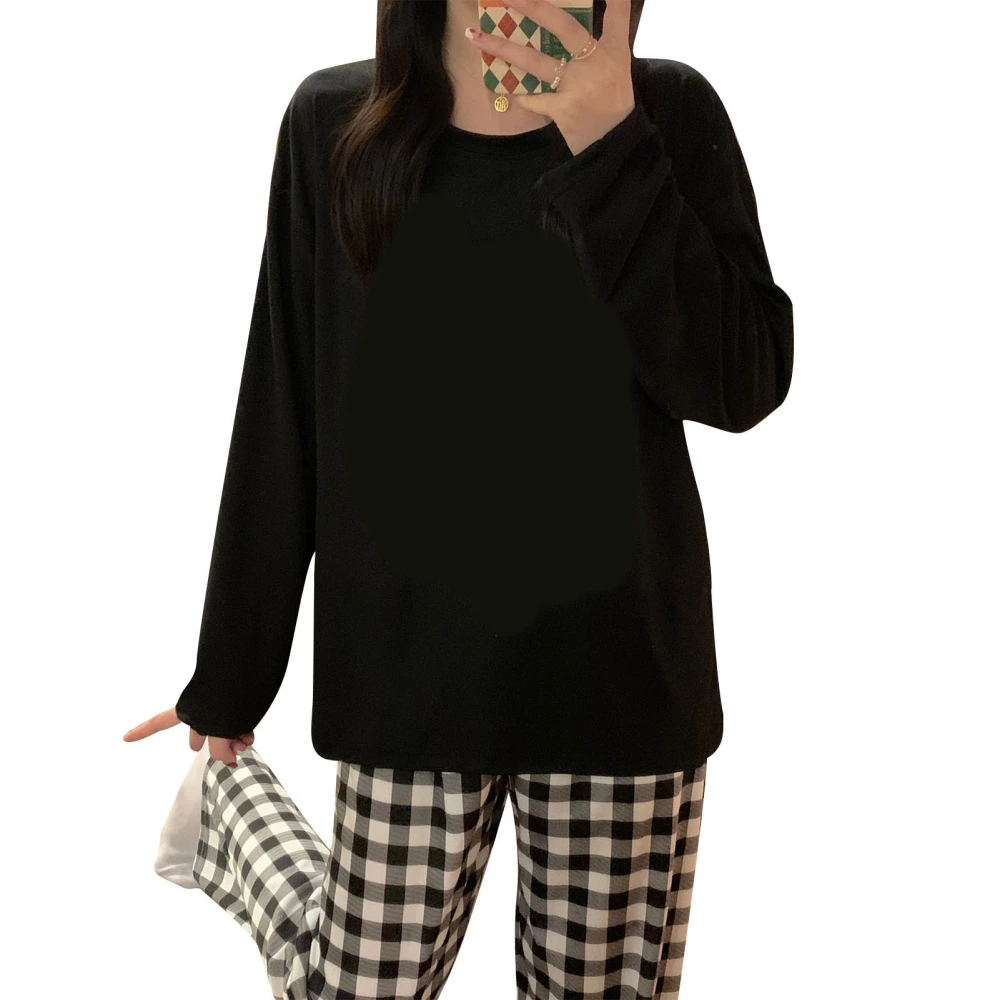 Women Long Sleeve Pajamas Set Spring Autumn Stylish Cartoon Animal Print Plaid Round Neck Long Sleeve Sleepwear Set Pajama Set XL