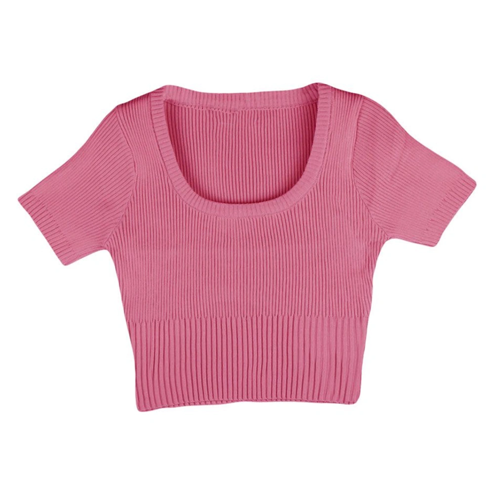 Women Short Sleeve Knitted T Shirt Slim Fit Large Neck Knit Short Sleeve Top for Summer Pure Color Rose Red Free Size