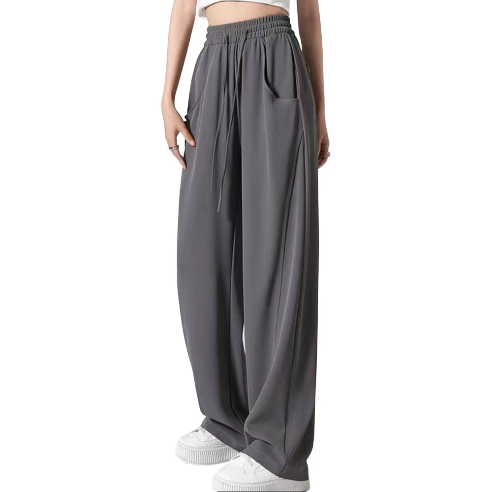 Casual Straight Leg Pants Side Pockets Elastic High Waist Pure Color Drawstring Drapey Loose Pants for Home Grey S