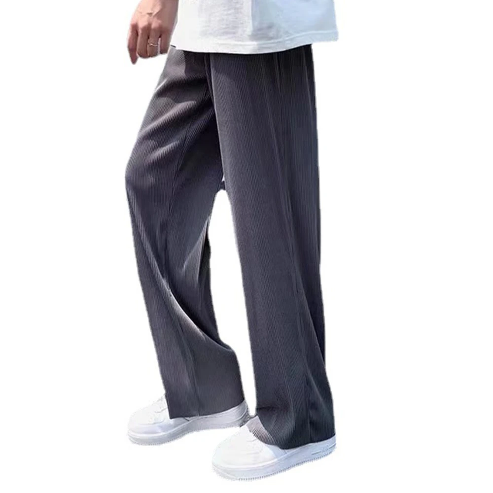 Ice Silk Casual Pants for Men Wide Leg Straight Sports Trousers Summer Pleated Loose Pants Grey L