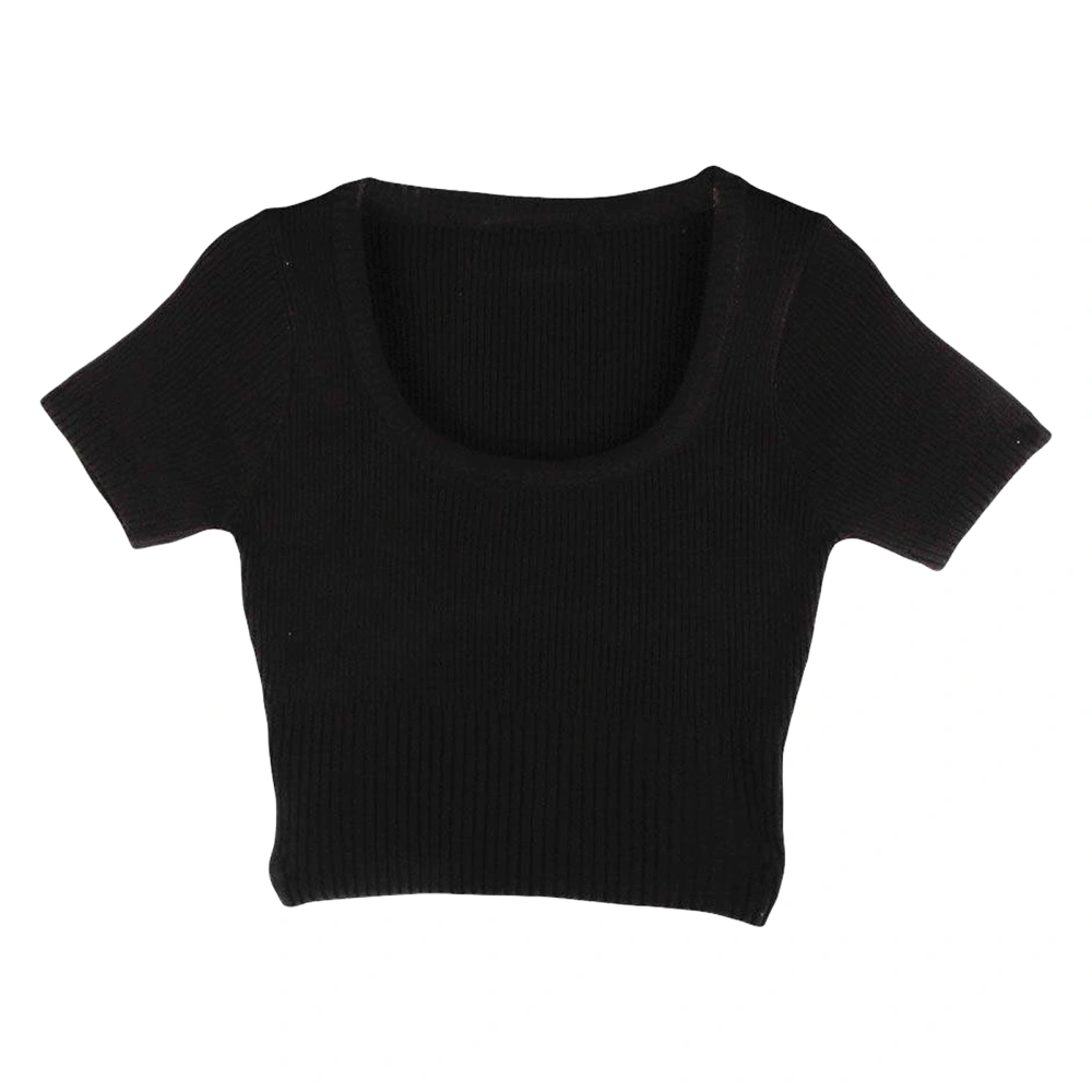 Women Short Sleeve Knitted T Shirt Slim Fit Large Neck Knit Short Sleeve Top for Summer Pure Color Black Free Size