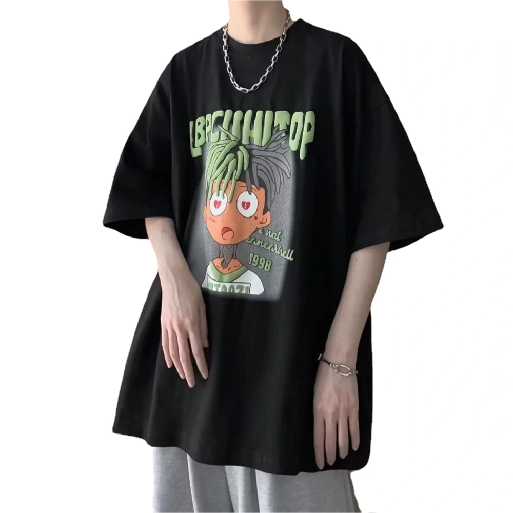 Men Crewneck Cartoon Shirt Half Sleeve Casual Fitted Male Printed Tee Shirt for Summer Gentlemen Black L