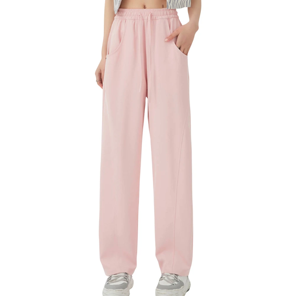 Casual Straight Leg Pants Side Pockets Elastic High Waist Pure Color Drawstring Drapey Loose Pants for Home Pink S