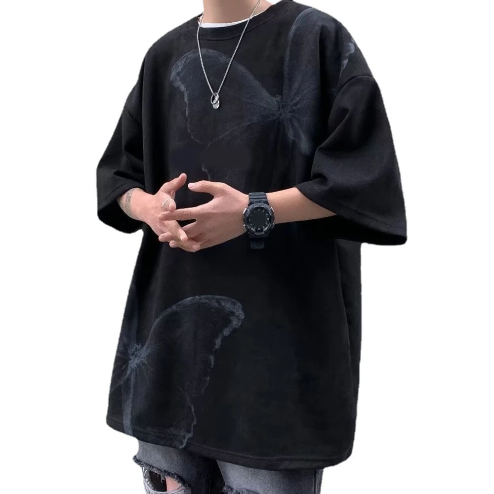 Loose T Shirt Half Sleeve Round Neck Fashionable Print Casual Summer Top for Men Women Black L