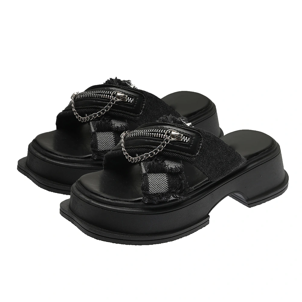 Backless Platform Slides Black Thick Block Heeled Sandals Summer Outdoor Casual Sandals for Women Black Check 36