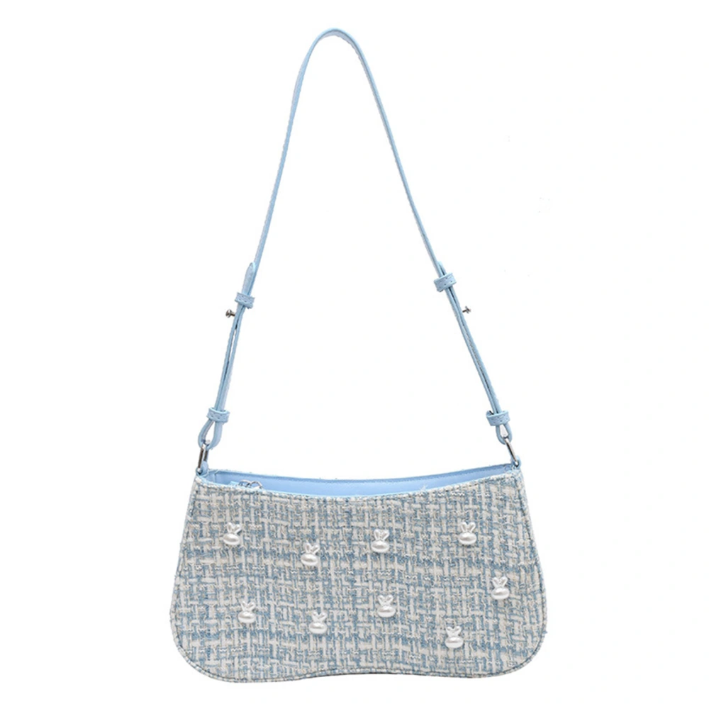 Women Shoulder Bag Hand Purse Pearl Plaid Fabric Fashion All Matching with Smooth Zipper Blue Free Size