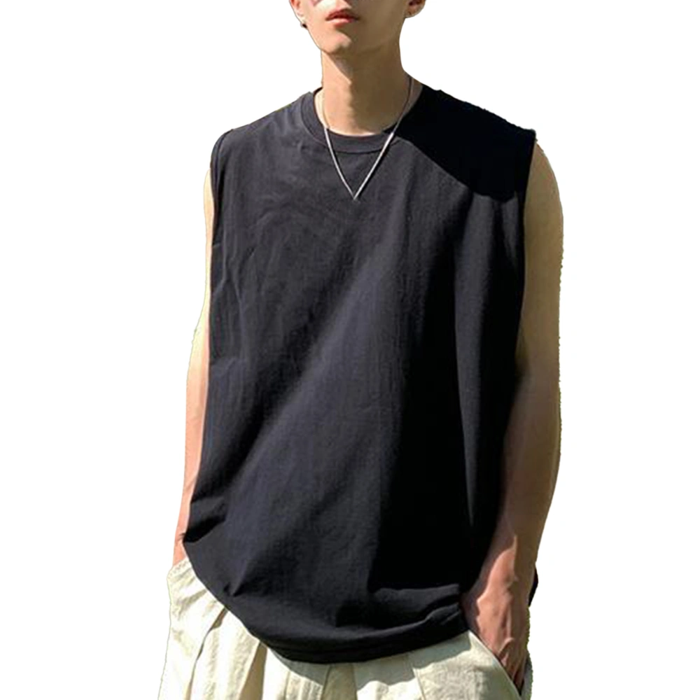 Men Tank Top Pure Color Sleeveless Shirt Loose Fit Sports Vest for Home Training Black L