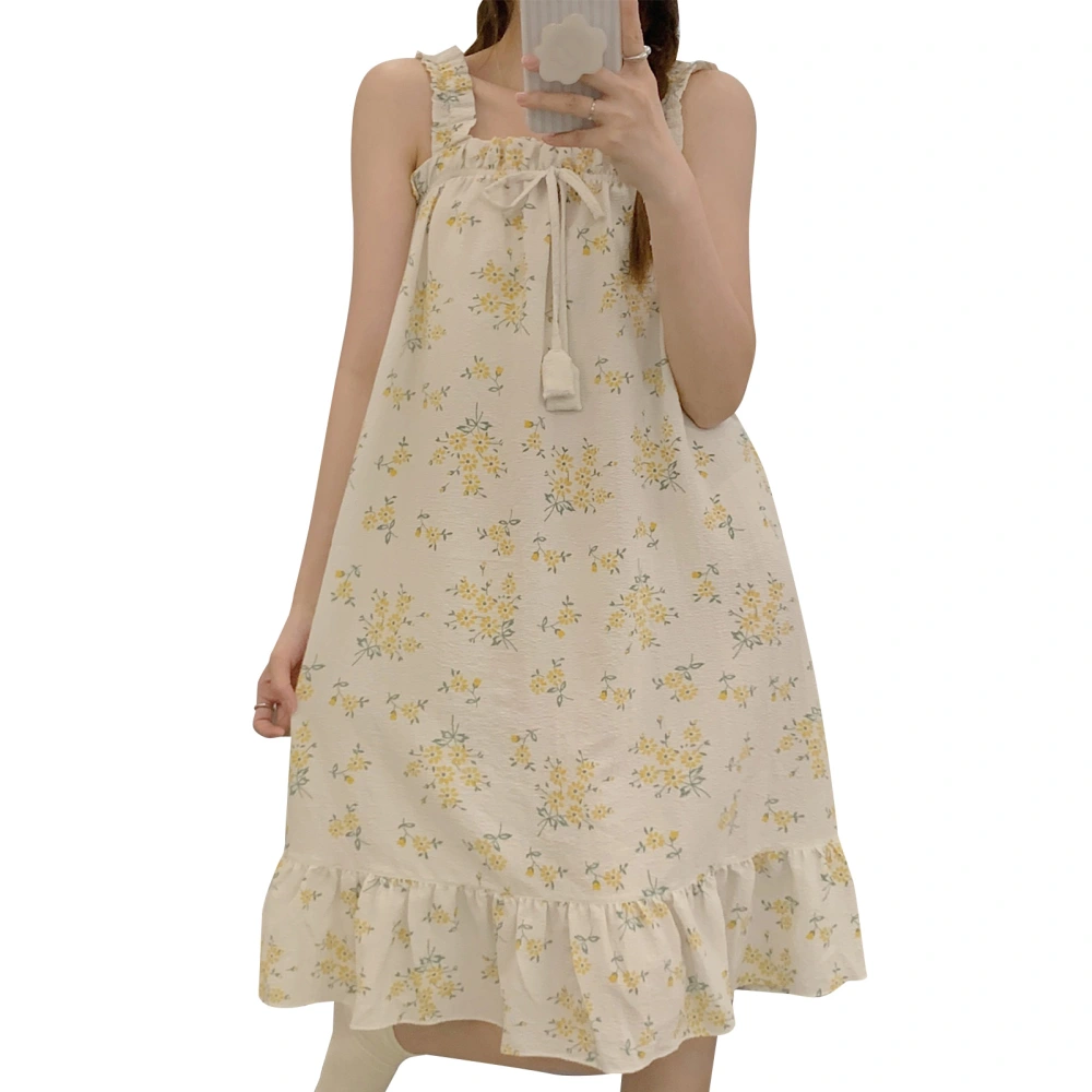 Women Loose Night Dress Summer Fashion Cute Print Ruffle Hem Bow Strap Women Sleeveless Sleepwear for Home Yellow XL