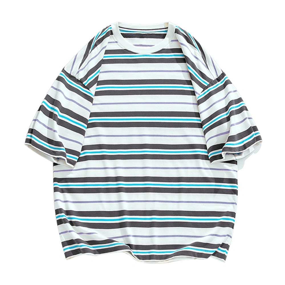 Men Round Neck Top Stripe Printing Short Sleeves Loose Fitting Summer Casual T Shirt Blue XL