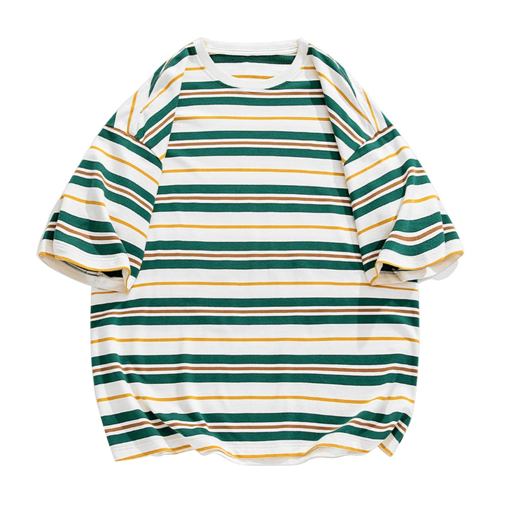 Men Round Neck Top Stripe Printing Short Sleeves Loose Fitting Summer Casual T Shirt Green XL