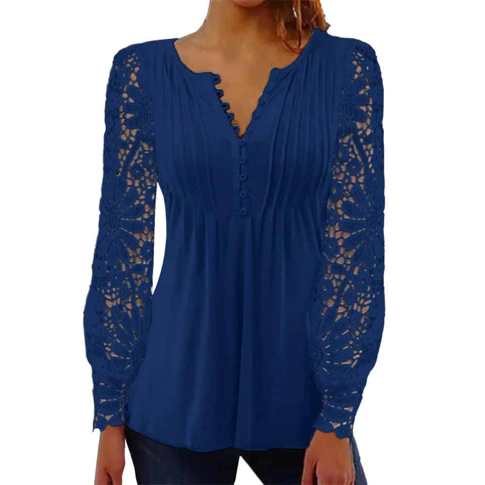 Women Long Sleeve Button Down Shirts Fashion Slimming Pure Color Women Lace Long Sleeve Slim Fit Tops Blue XL