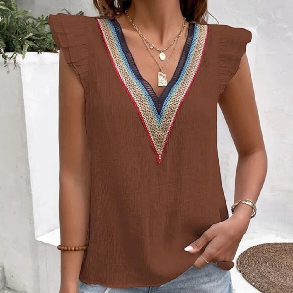 Women V Neck Top Colorful Lace Splicing Neckline Ruffle Cuff Loose Type Casual Tank Top Brown S